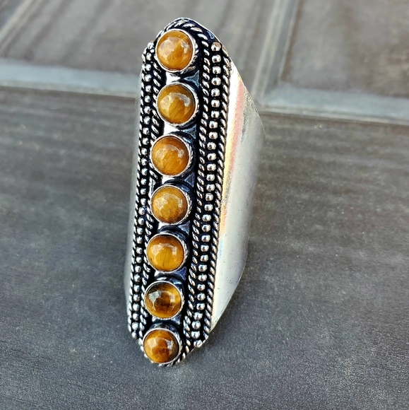 New 7 Stone Tiger Eye Adjustable Silver Statement Ring. - Picture 5 of 15